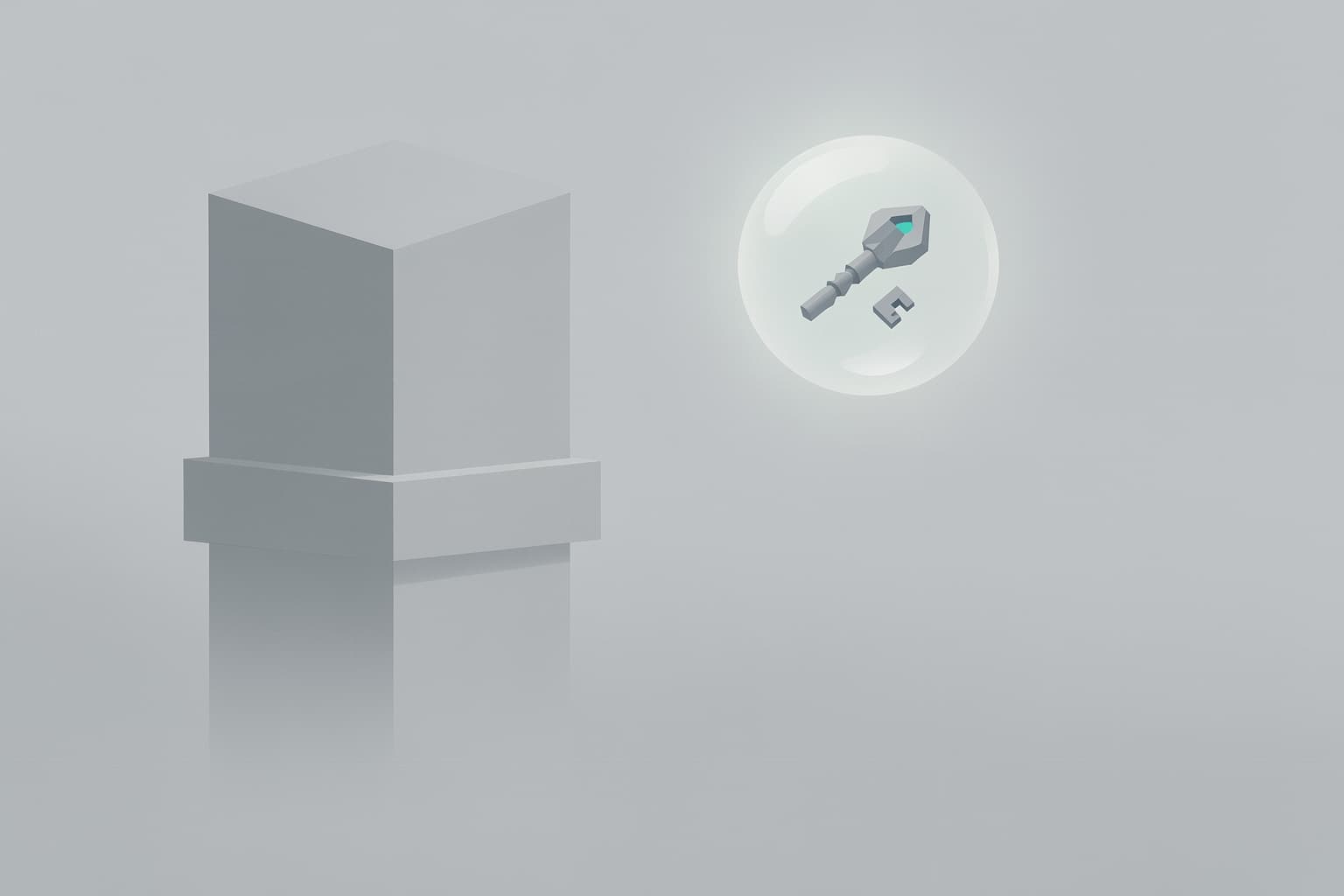 A conceptual illustration of a sealed geometric vault separated from its only key, which floats inside an isolated protective sphere.